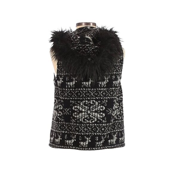 Zara Fair Isle Reindeer Wool Blend Vest M Faux Fur Hood Nordic Holiday Après Ski - Picture 2 of 11